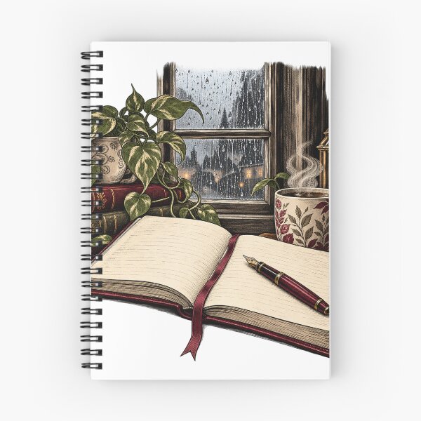 Item preview, Notebook Open to a Rainy Window – Writer Humor Illustration designed and sold by Xnuery.
