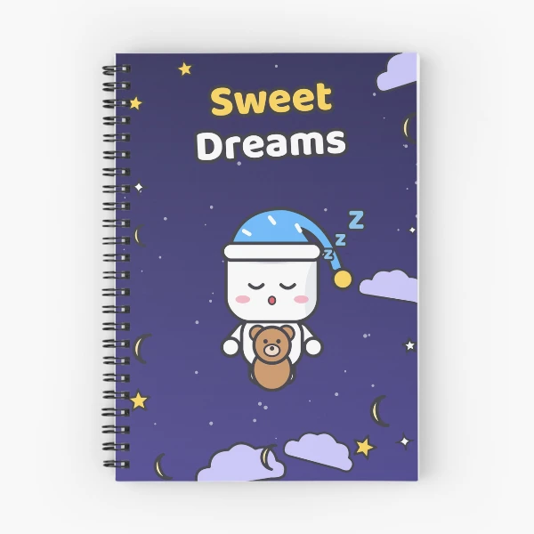 Sweet Dreams - Sleepy Marshmallow Pip with Teddy Bear and Nightcap — Spiral Notebook by BiMood