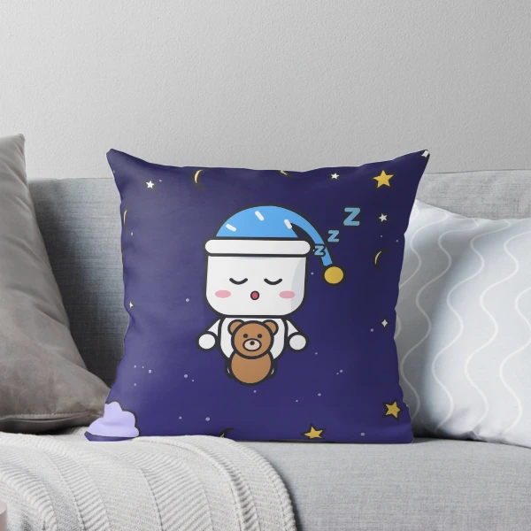 Sweet Dreams - Sleepy Marshmallow Pip with Teddy Bear and Nightcap — Throw Pillow by BiMood