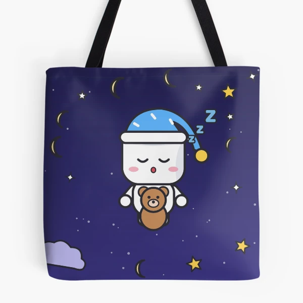 Sweet Dreams - Sleepy Marshmallow Pip with Teddy Bear and Nightcap — All Over Print Tote Bag by BiMood