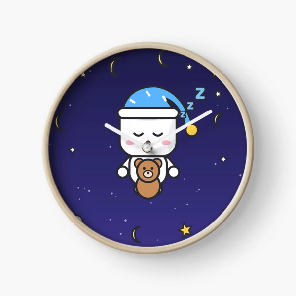 Sweet Dreams - Sleepy Marshmallow Pip with Teddy Bear and Nightcap — Clock by BiMood