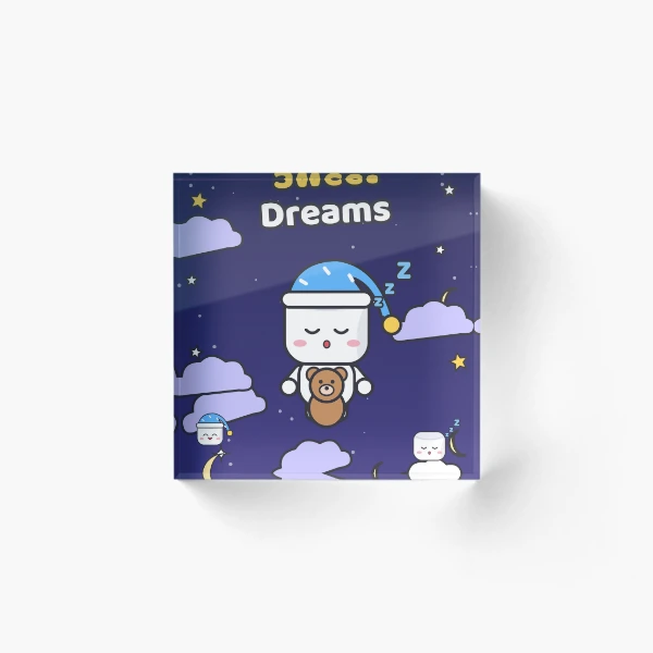 Sweet Dreams - Sleepy Marshmallow Pip with Teddy Bear and Nightcap — Acrylic Block by BiMood