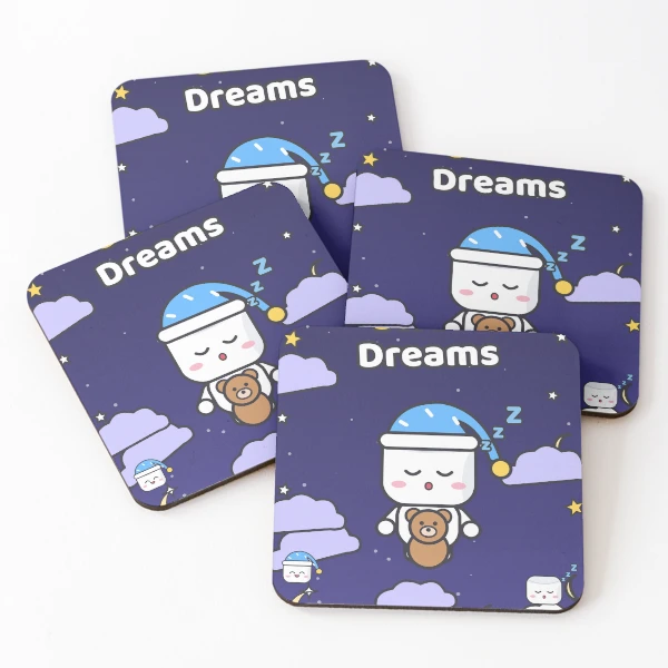 Sweet Dreams - Sleepy Marshmallow Pip with Teddy Bear and Nightcap — Coasters (Set of 4) by BiMood