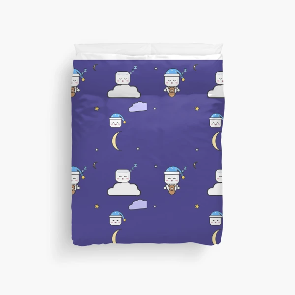 Sweet Dreams - Sleepy Marshmallow Pip with Teddy Bear and Nightcap — Duvet Cover by BiMood
