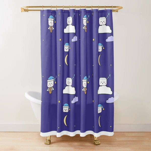 Sweet Dreams - Sleepy Marshmallow Pip with Teddy Bear and Nightcap — Shower Curtain by BiMood