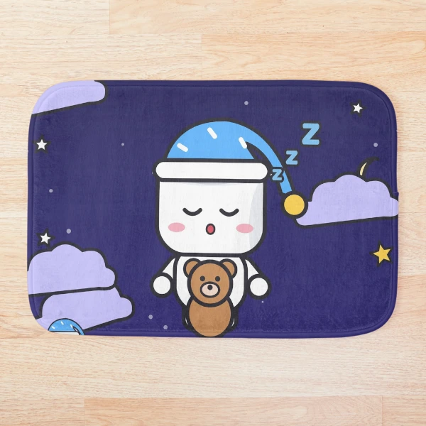 Sweet Dreams - Sleepy Marshmallow Pip with Teddy Bear and Nightcap — Bath Mat by BiMood