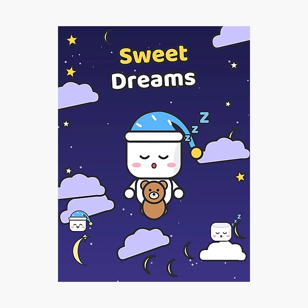 Sweet Dreams - Sleepy Marshmallow Pip with Teddy Bear and Nightcap — Photographic Print by BiMood