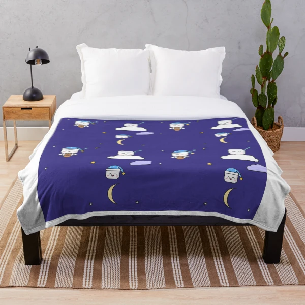 Sweet Dreams - Sleepy Marshmallow Pip with Teddy Bear and Nightcap — Throw Blanket by BiMood