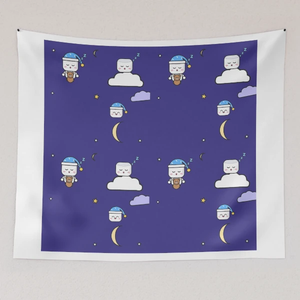 Sweet Dreams - Sleepy Marshmallow Pip with Teddy Bear and Nightcap — Tapestry by BiMood