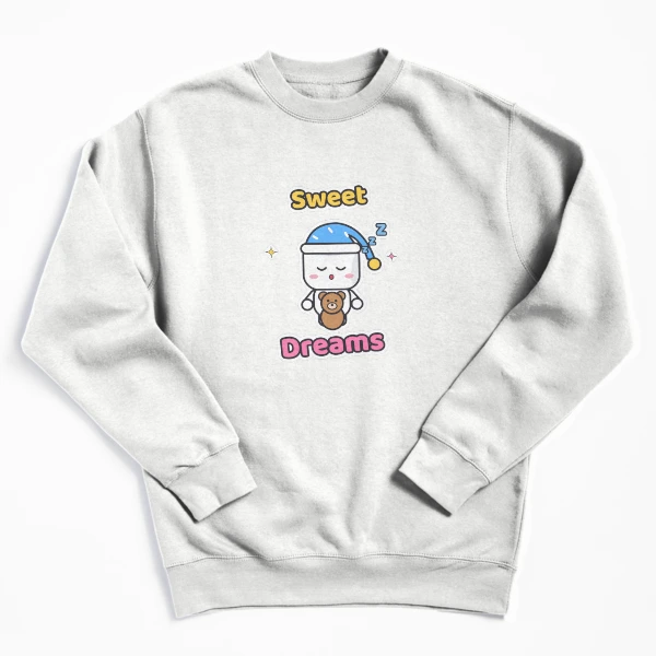 Sweet Dreams - Sleepy Marshmallow Pip with Teddy Bear and Nightcap — Pullover Sweatshirt by BiMood
