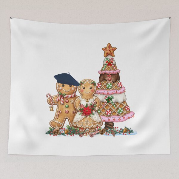 Item preview, Watercolor Gingerbread Couple– Parisian Gingerbread Man with Beret and Bride with Waffle Christmas Tree designed and sold by VibranPalette.