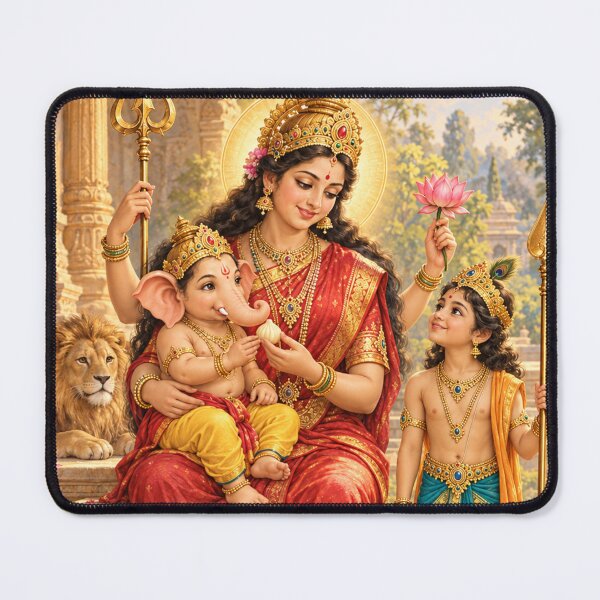 Item preview, Mother Durga with Bala Ganesha and Kartikeya — Divine Family Art designed and sold by Homyar.