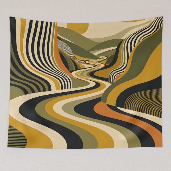 Item preview, Golden Sun Over Abstract Rolling Hills – Retro Geometric Landscape in Mustard and Olive Green designed and sold by Amalia Gutyz.