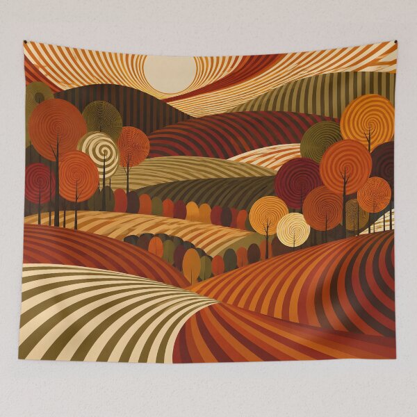 Item preview, Retro Autumn Landscape with Spiral Trees – Orange and Burgundy Geometric Hills designed and sold by Amalia Gutyz.
