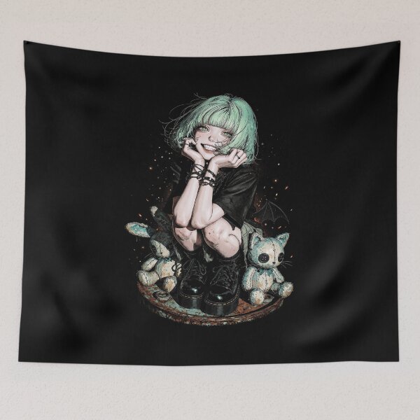 Item preview, Toxic Mischief-Mint-Haired Gothic Anime Girl & Plushies Graphic Artwork designed and sold by HexOne.