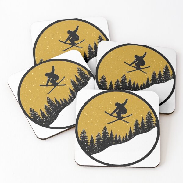 Item preview, silhouette skiing ski jump mountains 80's sports Essential T-Shirt designed and sold by TinyHands-Art.