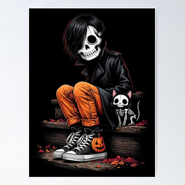 Item preview, Urban Shadow Goth: Emo Skull Kid & Skeleton Cat on Halloween Steps designed and sold by HexOne.
