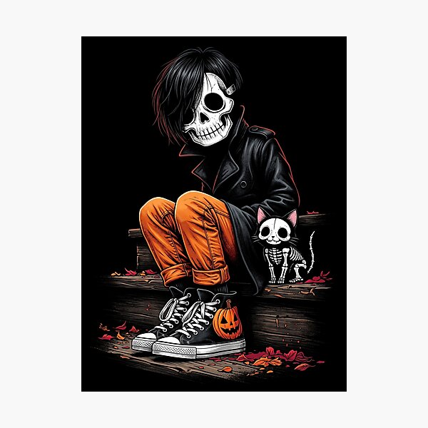 Item preview, Urban Shadow Goth: Emo Skull Kid & Skeleton Cat on Halloween Steps designed and sold by HexOne.