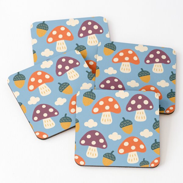 Item preview, Retro Whimsical Mushroom and Acorn Pattern with Clouds on Sky Blue designed and sold by FestivityFinds.