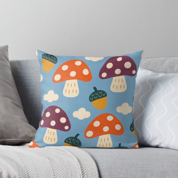 Item preview, Retro Whimsical Mushroom and Acorn Pattern with Clouds on Sky Blue designed and sold by FestivityFinds.