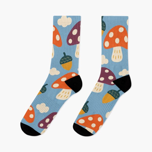 Item preview, Retro Whimsical Mushroom and Acorn Pattern with Clouds on Sky Blue designed and sold by FestivityFinds.