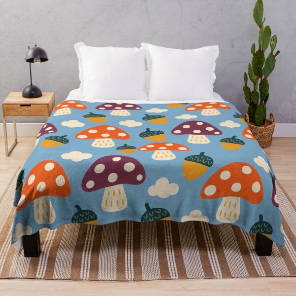 Item preview, Retro Whimsical Mushroom and Acorn Pattern with Clouds on Sky Blue designed and sold by FestivityFinds.
