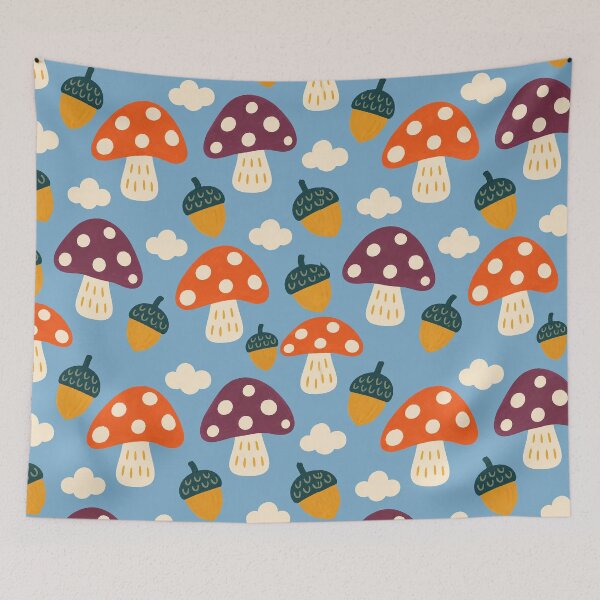 Item preview, Retro Whimsical Mushroom and Acorn Pattern with Clouds on Sky Blue designed and sold by FestivityFinds.