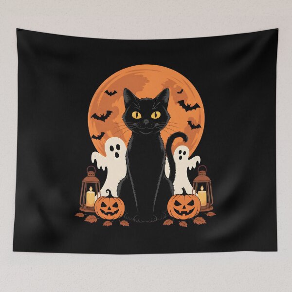 Item preview, Cute Black Cat Halloween Moon Ghosts Pumpkin Art designed and sold by Dmo3HarkoArt.