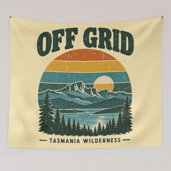 Item preview, Off Grid Tasmania Wilderness Retro Sunset Mountain designed and sold by Yellowriversss.