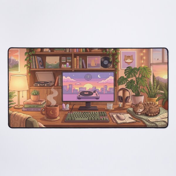 Item preview, Lofi Aesthetic Cozy Introvert Workspace with Cat Plants and Coffee designed and sold by Art JSMY.