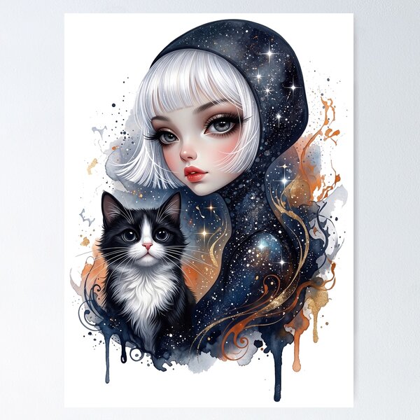 Item preview, Starlight Companion: Cosmic Hooded Girl & Tuxedo Cat Watercolor Artwork designed and sold by HexOne.
