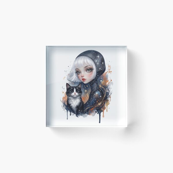 Item preview, Starlight Companion: Cosmic Hooded Girl & Tuxedo Cat Watercolor Artwork designed and sold by HexOne.