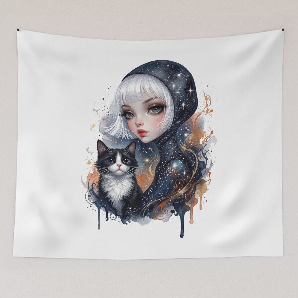 Item preview, Starlight Companion: Cosmic Hooded Girl & Tuxedo Cat Watercolor Artwork designed and sold by HexOne.