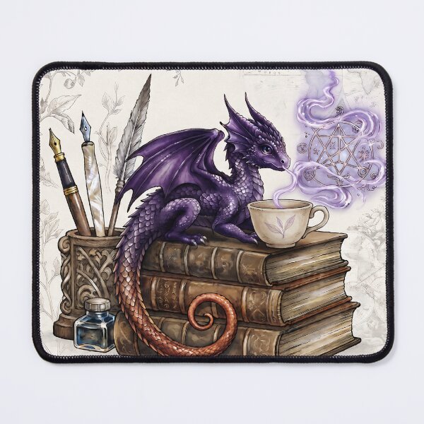 Item preview, Purple Dragon Sipping Tea on Vintage Books and Magic Runes designed and sold by LexaArtworks.