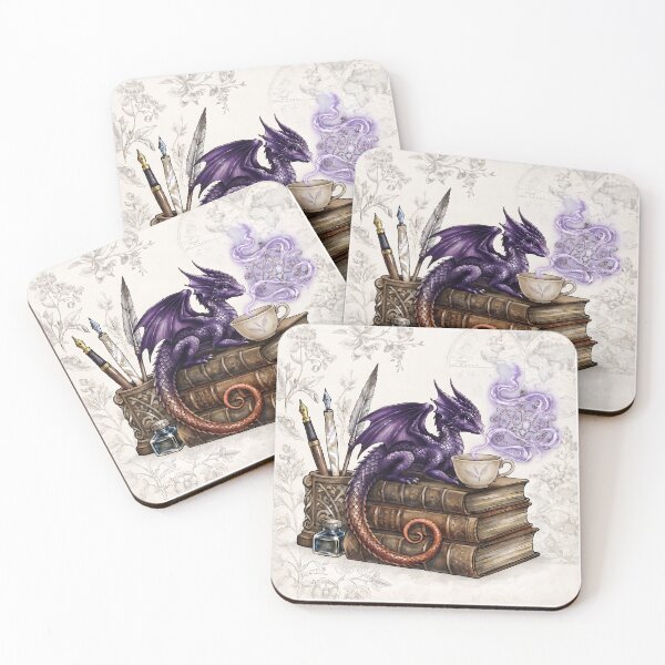 Item preview, Purple Dragon Sipping Tea on Vintage Books and Magic Runes designed and sold by LexaArtworks.