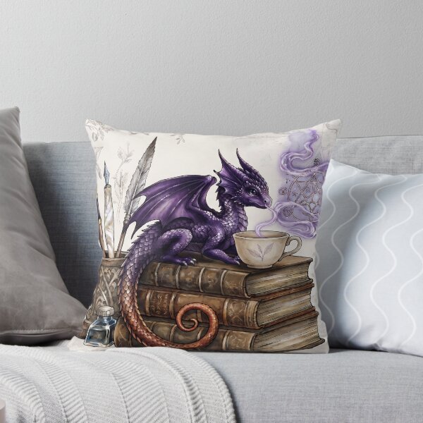 Item preview, Purple Dragon Sipping Tea on Vintage Books and Magic Runes designed and sold by LexaArtworks.