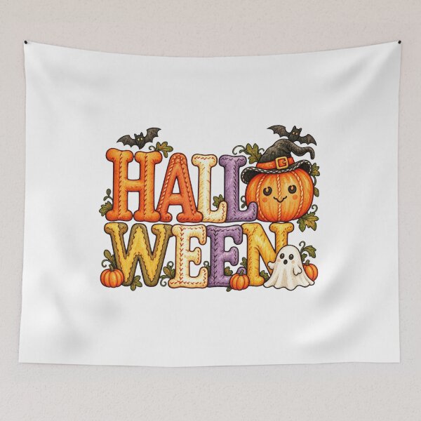 Item preview, Retro Halloween Lettering with Cute Pumpkin, Ghost and Bats designed and sold by WartonnoArt.