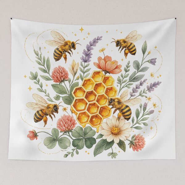 Item preview, Honey Bee Garden Cute Honeycomb Wildflower Cottagecore Nature Art designed and sold by inkoutninja.