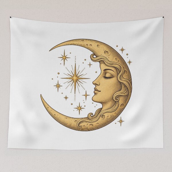 Item preview, Vintage Celestial Moon Face and Stars Art designed and sold by LandFinStudio.