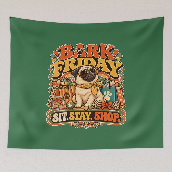 Item preview, Bark Friday Sit Stay Shop Funny Pug Dog Lover Retro 70s Shopping Humor Design designed and sold by Im-Ara.