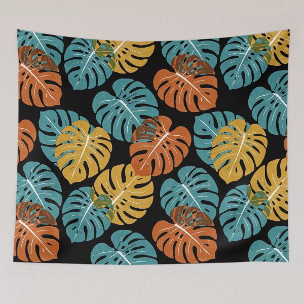 Item preview, Tropical Monstera Leaf Tapestry | Teal Orange Mustard Botanical Wall Decor designed and sold by FestivityFinds.