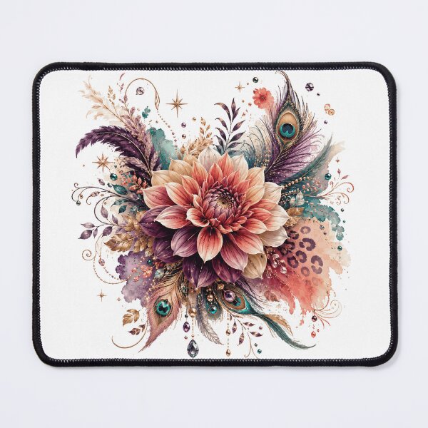 Item preview, Boho Dahlia Flower Peacock Feathers Elegant Floral Fantasy Art designed and sold by inkoutninja.