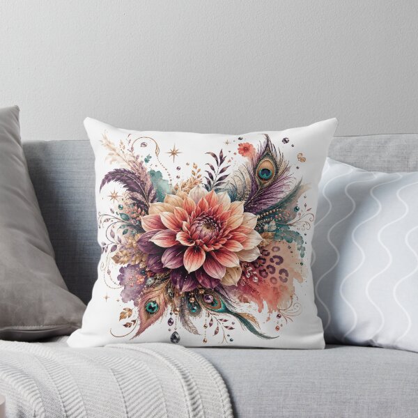 Item preview, Boho Dahlia Flower Peacock Feathers Elegant Floral Fantasy Art designed and sold by inkoutninja.