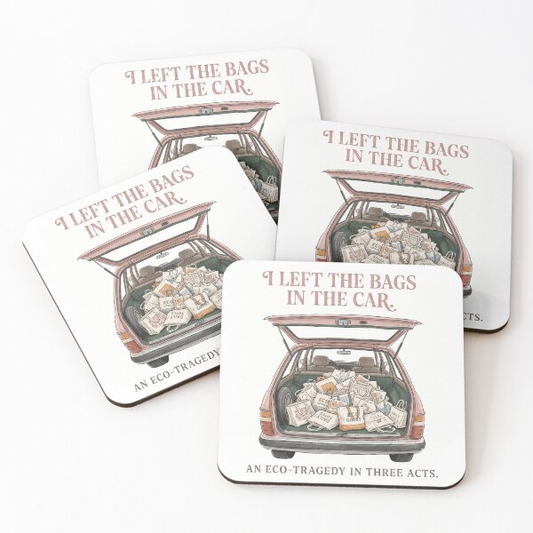 Item preview, I Left the Bags in the Car An Eco-Tragedy in Three Acts – Funny Reusable Tote Art designed and sold by Luminari Creations.