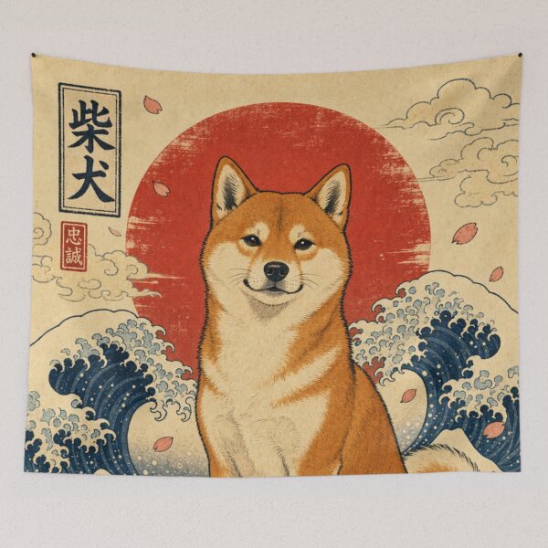 Item preview, Japanese Ukiyo-e Shiba Inu - Great Wave & Cherry Blossoms Art designed and sold by vekotpu.