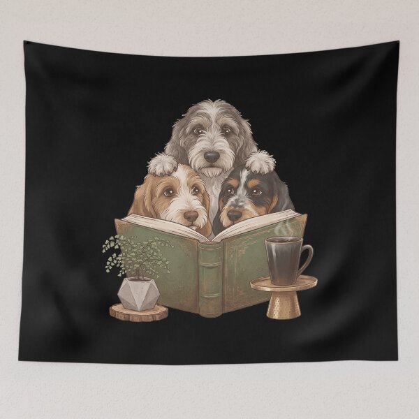 Aperçu de l'œuvre Petit Basset Griffon Vendéen vintage lisant un livre, un chien amusant pour les amoureux des chiens. créée et vendue par dian-rody-crest.