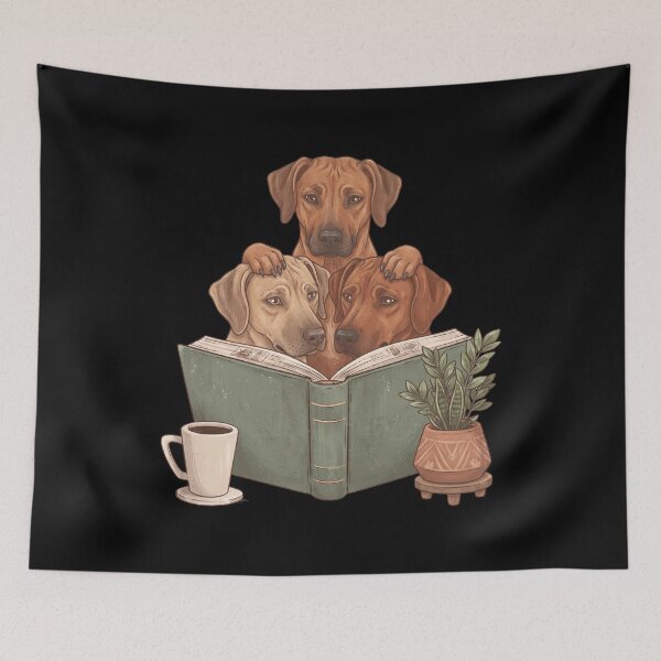 Aperçu de l'œuvre Chien Rhodesian Ridgeback vintage lisant un livre, un chien drôle et amoureux des chiens. créée et vendue par dian-rody-crest.