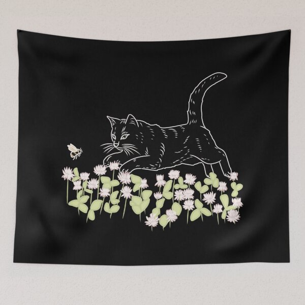 Item preview, Black Cat Jumping after Bee in Clover Cottagecore Folk Art Illustration designed and sold by LeshanArt.