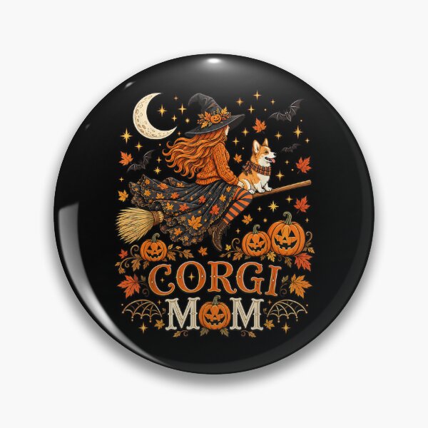 Item preview, Halloween Fall Corgi Mom Witch and Dog Riding Broomstick designed and sold by Gargamal.