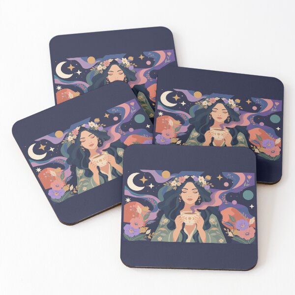 Item preview, Mystical Moon Goddess Drinking Tea - Celestial BoHo Illustration designed and sold by IllustratorNZ.